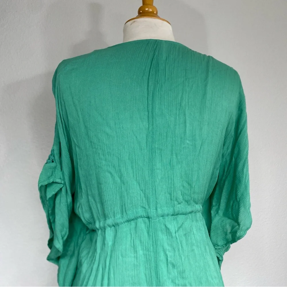 Elan Women’s Green Gauzy Rayon Crochet Tie Front Kimono Size XS Beach Tropical